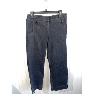 Talbots Woman's 6 Petite Dark Wash Cropped Jeans Side Zip Pull On Capris Buttons